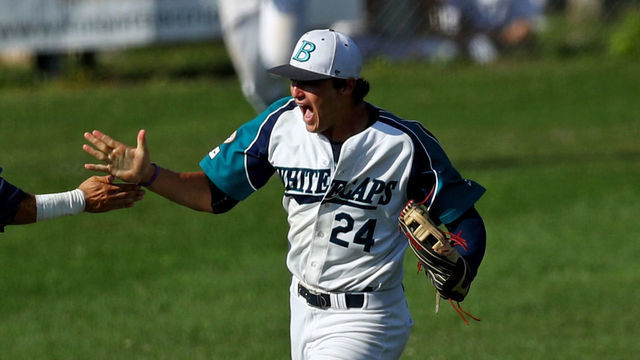 BREWSTER, MA - AUGUST 13: Hunter Bishop, right, and AJ Graffanino of the Brewster Whitecaps celebrate in the seventh inning during game three of the Cape Cod League Championship Series against the Bourne Braves at Stony Brook Field on August 13, 2017 in Brewster, Massachusetts. The Cape Cod League was founded in 1885 and is the premier summer baseball league for college athletes. Over 1100 of these student athletes have gone on to compete in MLB including Chris Sale, Carlton Fisk, Joe Girardi, Nomar Garciaparra and Jason Varitek. The chance to see future big league stars up close makes Cape Cod League games a popular activity for the families in each of the 10 towns on the Cape to host a team.
