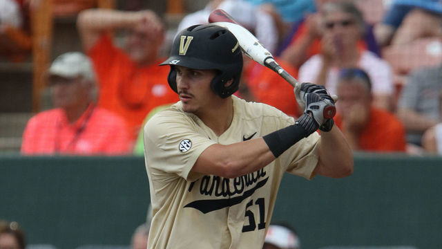 CLEMSON, SC - JUNE 03: Vanderbilt and Clemson played against one another in the NCAA 2018 Division I Baseball Championship regional match up on June 3, 2018 at Doug Kingsmore Stadium in Clemson, S.C. JJ Bleday (51) of Vanderbilt at bat.
