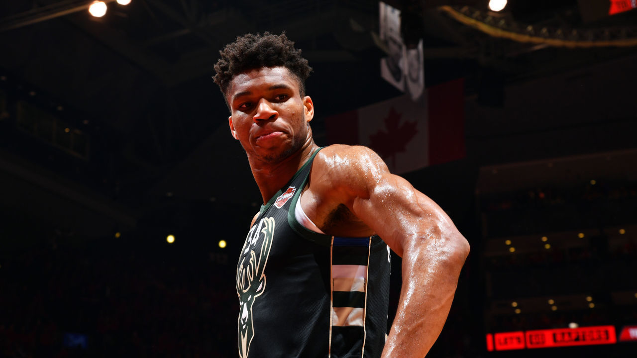 TORONTO, CANADA - MAY 25: Giannis Antetokounmpo #34 of the Milwaukee Bucks looks on during a game against the Toronto Raptors during Game Six of the Eastern Conference Finals on May 25, 2019 at Scotiabank Arena in Toronto, Ontario, Canada. NOTE TO USER: User expressly acknowledges and agrees that, by downloading and/or using this photograph, user is consenting to the terms and conditions of the Getty Images License Agreement. Mandatory Copyright Notice: Copyright 2019 NBAE