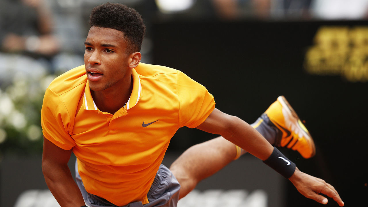 ROME, ITALY - MAY 13: Felix Auger-Aliassime of Canada serves during his first round match agains Borna Coric of Croatia during day two of the International BNL d'Italia at Foro Italico on May 13, 2019 in Rome, Italy.