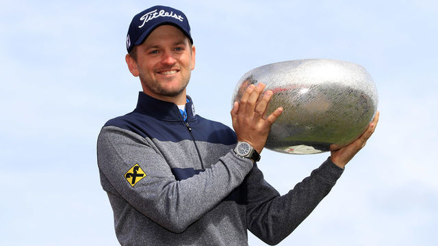 AALBORG, DENMARK - MAY 26: Bernd Wiesberger of Austria celebrates with the trophy following his victory of the Made in Denmark at Himmerland Golf and Spa Resort on May 26, 2019 in Aalborg, Denmark.