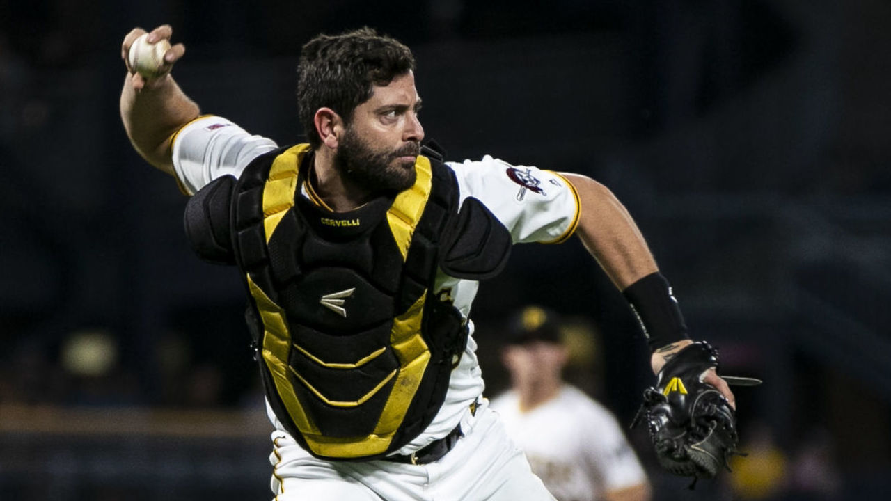 PITTSBURGH, PA -MAY 07: Pittsburgh Pirates Catcher Francisco Cervelli (29) throws out a runner at first base during the MLB baseball game between the Texas Rangers and the Pittsburgh Pirates on May 07, 2019 at PNC Park in Pittsburgh, PA.