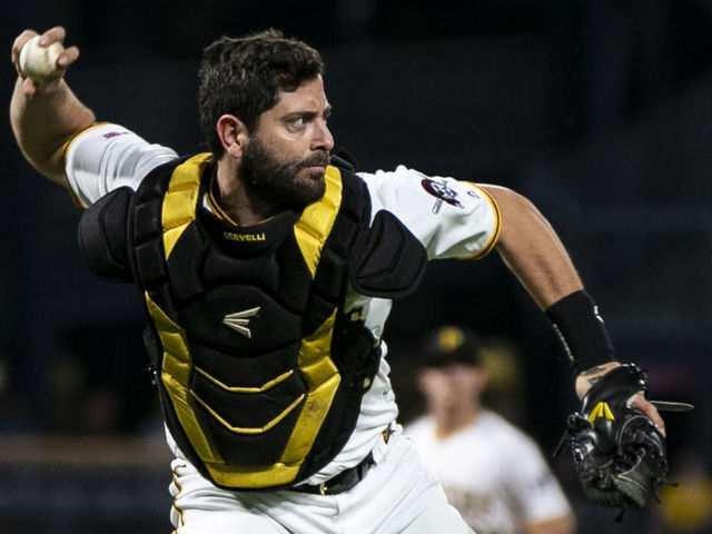 PITTSBURGH, PA -MAY 07: Pittsburgh Pirates Catcher Francisco Cervelli (29) throws out a runner at first base during the MLB baseball game between the Texas Rangers and the Pittsburgh Pirates on May 07, 2019 at PNC Park in Pittsburgh, PA.