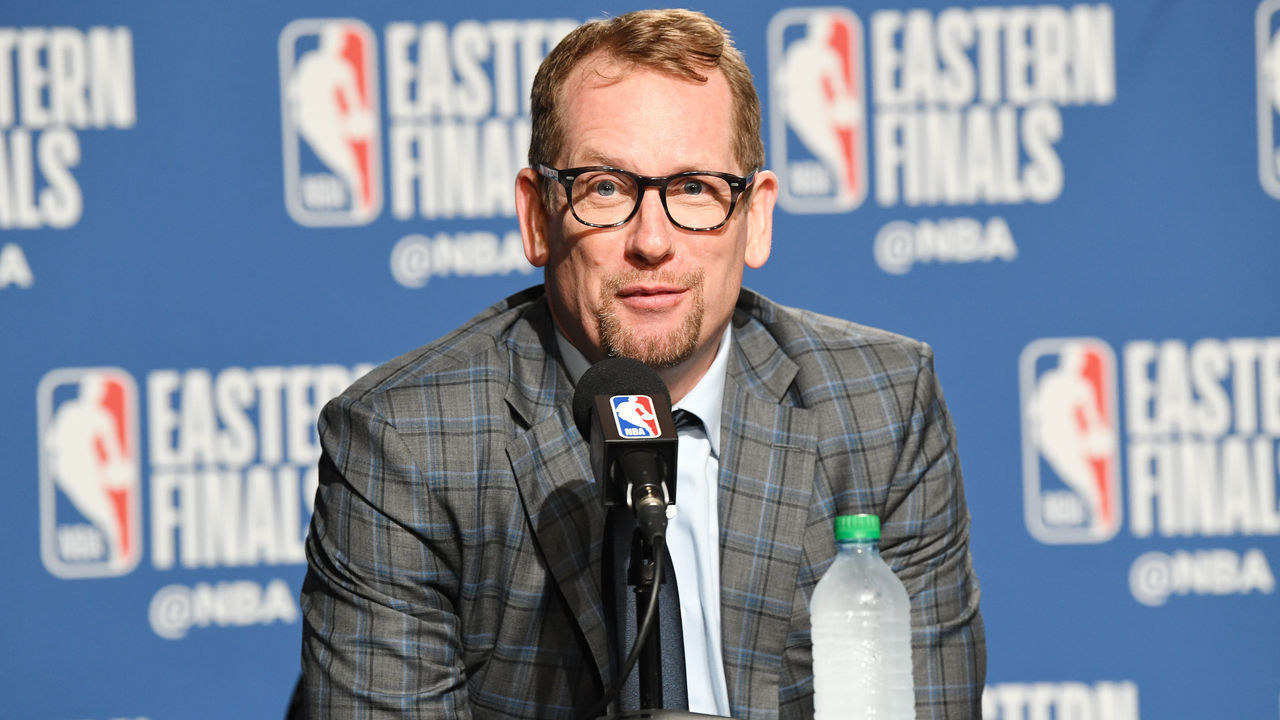 TORONTO, CANADA - MAY 25: Head Coach Nick Nurse of the Toronto Raptors speaks with the media after the game during Game Six of the Eastern Conference Finals on May 25, 2019 at Scotiabank Arena in Toronto, Ontario, Canada. NOTE TO USER: User expressly acknowledges and agrees that, by downloading and/or using this photograph, user is consenting to the terms and conditions of the Getty Images License Agreement. Mandatory Copyright Notice: Copyright 2019 NBAE