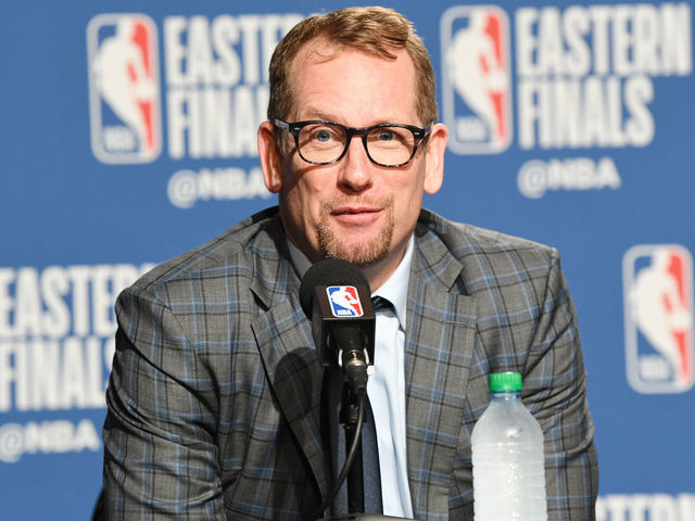 TORONTO, CANADA - MAY 25: Head Coach Nick Nurse of the Toronto Raptors speaks with the media after the game during Game Six of the Eastern Conference Finals on May 25, 2019 at Scotiabank Arena in Toronto, Ontario, Canada. NOTE TO USER: User expressly acknowledges and agrees that, by downloading and/or using this photograph, user is consenting to the terms and conditions of the Getty Images License Agreement. Mandatory Copyright Notice: Copyright 2019 NBAE