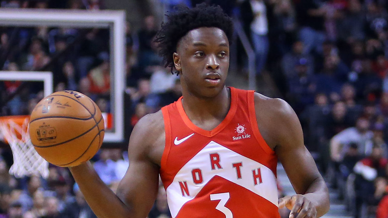 TORONTO, ON - JANUARY 6: OG Anunoby #3 of the Toronto Raptors dribbles the ball during the second half of an NBA game against the Indiana Pacers at Scotiabank Arena on January 6, 2019 in Toronto, Canada.
