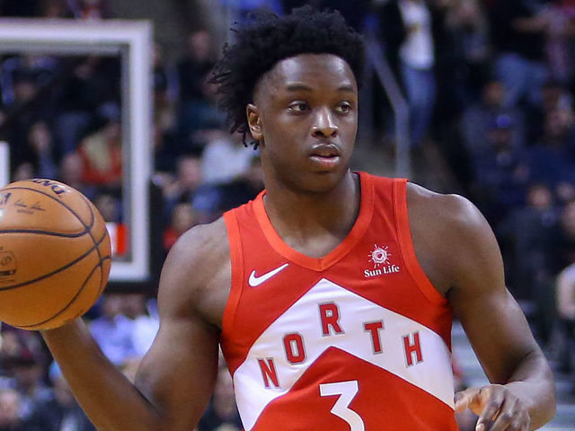 TORONTO, ON - JANUARY 6: OG Anunoby #3 of the Toronto Raptors dribbles the ball during the second half of an NBA game against the Indiana Pacers at Scotiabank Arena on January 6, 2019 in Toronto, Canada.