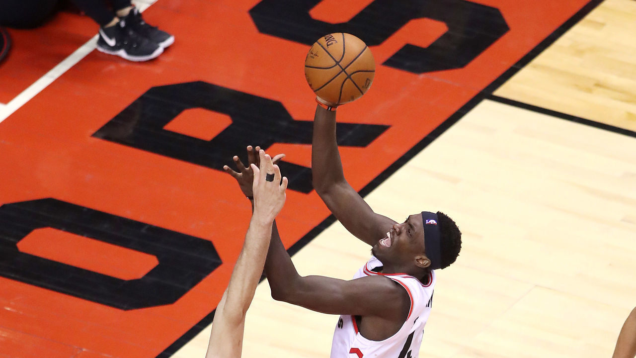 TORONTO, ONTARIO - MAY 25: Pascal Siakam #43 of the Toronto Raptors shoots the ball during the second half against Brook Lopez #11 of the Milwaukee Bucks in game six of the NBA Eastern Conference Finals at Scotiabank Arena on May 25, 2019 in Toronto, Canada.