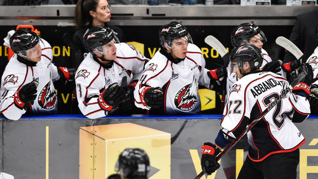 BOISBRIAND, QC - SEPTEMBER 29: Peter Abbandonato #22 of the Rouyn-Noranda Huskies celebrates his second period goal with teammates on the bench against the Blainville-Boisbriand Armada during the QMJHL game at Centre d'Excellence Sports Rousseau on September 29, 2017 in Boisbriand, Quebec, Canada.