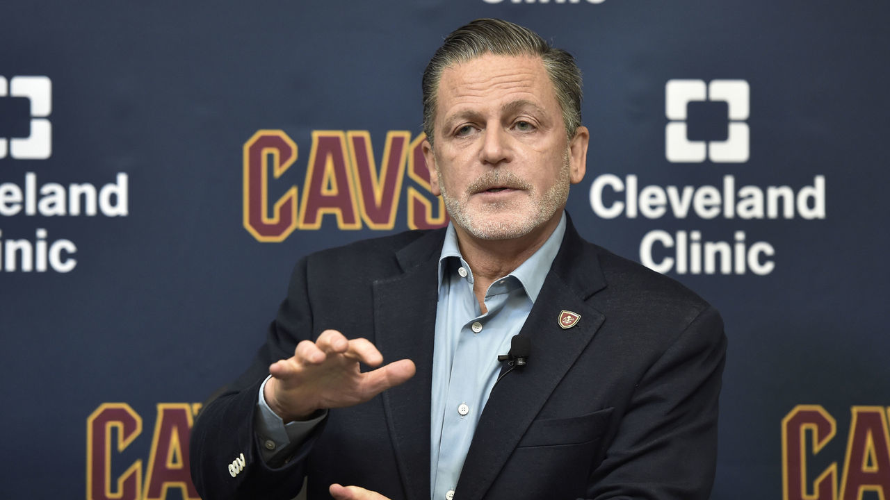 INDEPENDENCE, OH - JULY 26: Cleveland Cavaliers owner Dan Gilbert introduces new general manager Koby Altman during a press conference at The Cleveland Clinic Courts on July 26, 2016 in Independence, Ohio. NOTE TO USER: User expressly acknowledges and agrees that, by downloading and/or using this Photograph, user is consenting to the terms and conditions of the Getty Images License Agreement. Mandatory Copyright Notice: Copyright 2017 NBAE