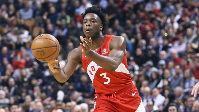TORONTO, ON - MARCH 26: OG Anunoby #3 of the Toronto Raptors fires a pass against the Chicago Bulls during an NBA game at Scotiabank Arena on March 26, 2019 in Toronto, Ontario, Canada. The Raptors defeated the Bulls 112-103. NOTE TO USER: user expressly acknowledges and agrees by downloading and/or using this photograph, user is consenting to the terms and conditions of the Getty Images Licence Agreement.
