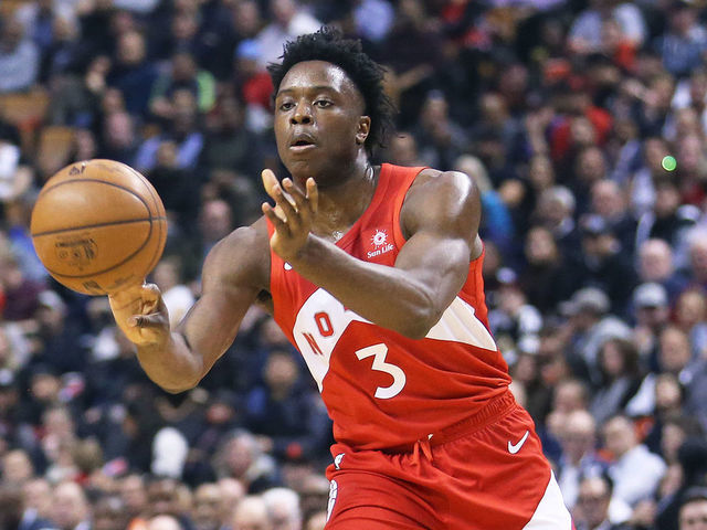 TORONTO, ON - MARCH 26: OG Anunoby #3 of the Toronto Raptors fires a pass against the Chicago Bulls during an NBA game at Scotiabank Arena on March 26, 2019 in Toronto, Ontario, Canada. The Raptors defeated the Bulls 112-103. NOTE TO USER: user expressly acknowledges and agrees by downloading and/or using this photograph, user is consenting to the terms and conditions of the Getty Images Licence Agreement.