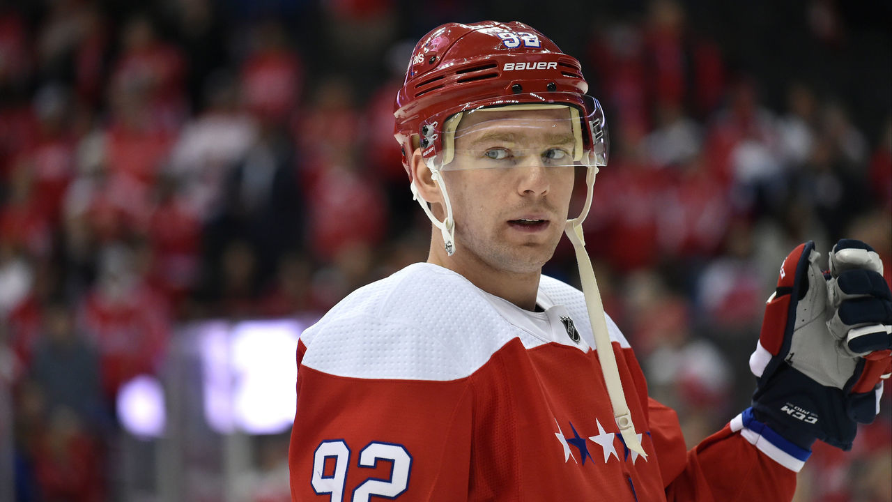WASHINGTON, DC - MARCH 26: Washington Capitals center Evgeny Kuznetsov (92) looks through his visor during the Carolina Hurricanes vs. Washington Capitals NHL game March 26, 2019 at Capital One Arena in Washington, D.C..