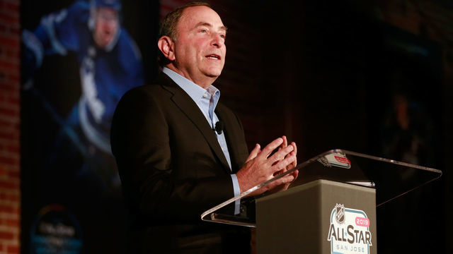 SAN JOSE, CA - JANUARY 25: NHL Commissioner Gary Bettman speaks at a press conference and Innovation Spotlight as part of the 2019 NHL All-Star weekend on January 25, 2019 in San Jose, California.