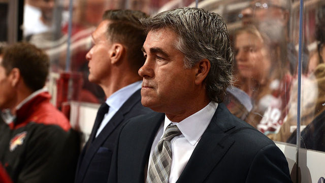 GLENDALE, AZ - APRIL 08: Head coach Dave Tippett of the Arizona Coyotes looks on from the bench during a game against the Minnesota Wild at Gila River Arena on April 8, 2017 in Glendale, Arizona.