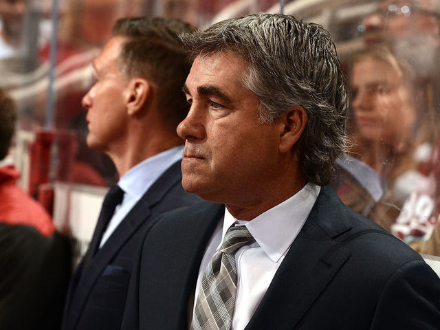 GLENDALE, AZ - APRIL 08: Head coach Dave Tippett of the Arizona Coyotes looks on from the bench during a game against the Minnesota Wild at Gila River Arena on April 8, 2017 in Glendale, Arizona.