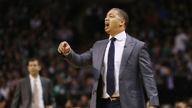 BOSTON, MA - MAY 27: Head coach Tyronn Lue of the Cleveland Cavaliers reacts in the first half against the Boston Celtics during Game Seven of the 2018 NBA Eastern Conference Finals at TD Garden on May 27, 2018 in Boston, Massachusetts.