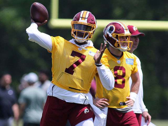 LOUDOUN COUNTY, VA - MAY 20: Washington Redskins quarterback Dwayne Haskins (7) in action during a Washington Redskins OTA workout on May 20, 2019, at Inova Sports Performance Center at Redskins Park in Ashburn, VA.