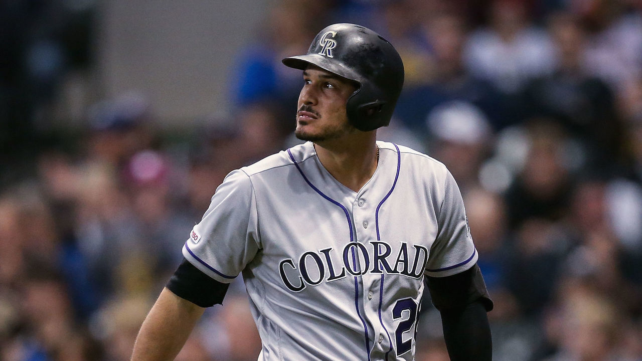 MILWAUKEE, WISCONSIN - APRIL 29: Nolan Arenado #28 of the Colorado Rockies walks back to the dugout after striking out in the eighth inning against the Milwaukee Brewers at Miller Park on April 29, 2019 in Milwaukee, Wisconsin.