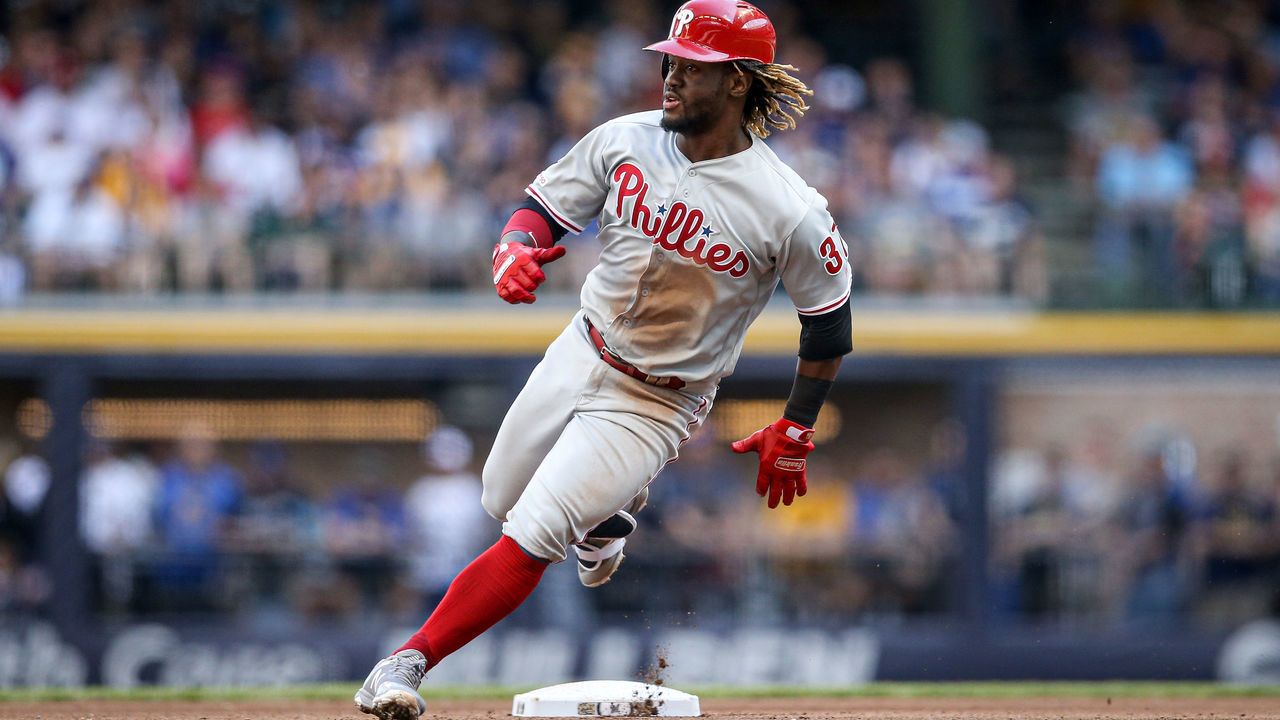 MILWAUKEE, WISCONSIN - MAY 25: Odubel Herrera #37 of the Philadelphia Phillies rounds second base in the fourth inning against the Milwaukee Brewers at Miller Park on May 25, 2019 in Milwaukee, Wisconsin.