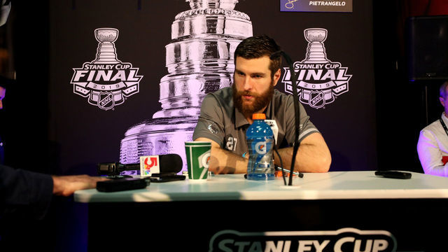 BOSTON, MASSACHUSETTS - MAY 26: Alex Pietrangelo #27 of the St. Louis Blues speaks during Media Day ahead of the 2019 NHL Stanley Cup Final at TD Garden on May 26, 2019 in Boston, Massachusetts.