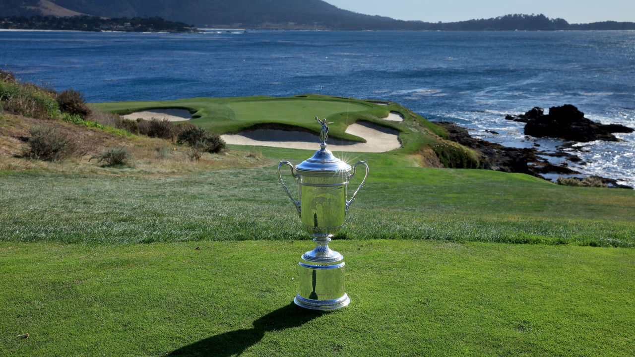 PEBBLE BEACH, CA - NOVEMBER 08: The United States Open Championship trophy placed on the par 3, seventh tee during the USGA 2019 US Open Championship media preview day at Pebble Beach Golf Links on November 8, 2018 in Pebble Beach, California.