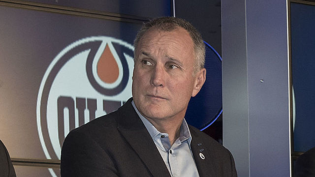 TORONTO, ON - DECEMBER 10: Former Edmonton Oilers from left to right Mike Krushelnyski Paul Coffey Kevin Lowe and Wayne Gretzky address the media during a press conference before a game between the Edmonton Oilers and the Toronto Maple Leafs at Air Canada Centre in Toronto, Ontario, Canada.