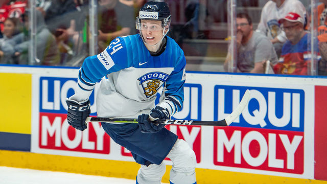 BRATISLAVA, SLOVAKIA - MAY 26: #24 Kaapo Kakko of Finland looks on during the 2019 IIHF Ice Hockey World Championship Slovakia final game between Canada and Finland at Ondrej Nepela Arena on May 26, 2019 in Bratislava, Slovakia.