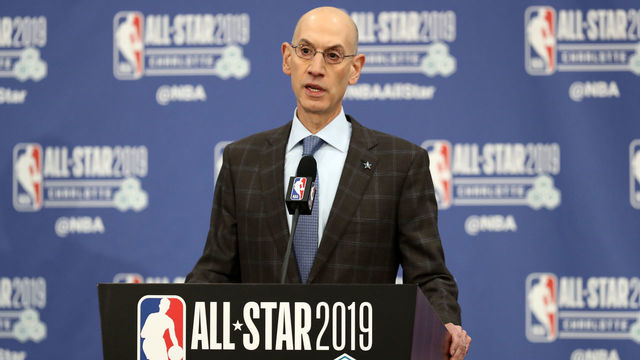 CHARLOTTE, NORTH CAROLINA - FEBRUARY 16: Adam Silver, NBA Commissioner, talks to the media during the NBA All Star Commissioner's Media Availability as part of the 2019 NBA All-Star Weekend at Spectrum Center on February 16, 2019 in Charlotte, North Carolina.