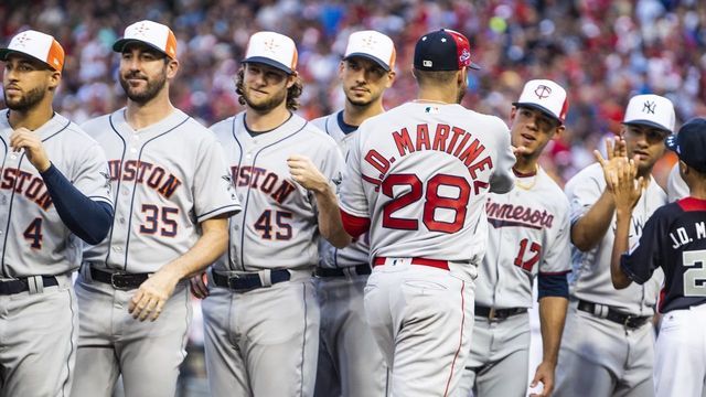 WASHINGTON, DC - JULY 17: J.D. Martinez #28 of the Boston Red Sox is introduced before the 89th MLB All-Star Game at Nationals Park Tuesday, July 17, 2018 in Washington, DC.