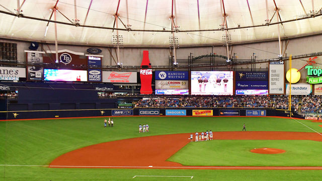 ST PETERSBURG, FLORIDA - MAY 12: A general view of Tropicana Field during the national anthem before a game between the Tampa Bay Rays and the New York Yankees on May 12, 2019 in St Petersburg, Florida.