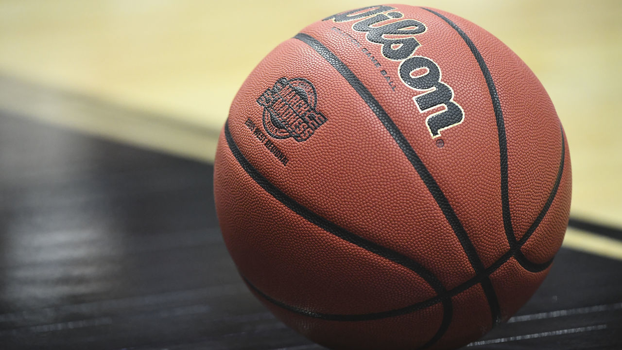 ANAHEIM, CA - MARCH 28: A detail view of the March Madness logo on a Wilson basketball during the game between the Gonzaga Bulldogs and the Florida State Seminoles in the third round of the 2019 NCAA Men's Basketball Tournament held at Honda Center on March 28, 2019 in Anaheim, California.