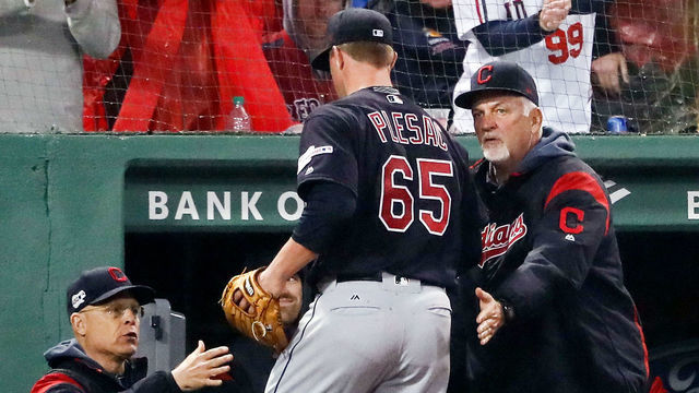 BOSTON, MA - MAY 28: Zach Plesac #65 of the Cleveland Indians returns to the dugout in the sixth inning after being taken out of the game against the Boston Red Sox at Fenway Park on May 28, 2019 in Boston, Massachusetts.