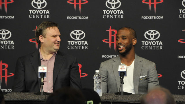 HOUSTON, TX - JULY 14: General Manager Daryl Morey of the Houston Rockets introduces Chris Paul as he speaks to the media during a press conference on July 14, 2017 at the Toyota Center in Houston, Texas. NOTE TO USER: User expressly acknowledges and agrees that, by downloading and/or using this photograph, user is consenting to the terms and conditions of the Getty Images License Agreement. Mandatory Copyright Notice: Copyright 2017 NBAE