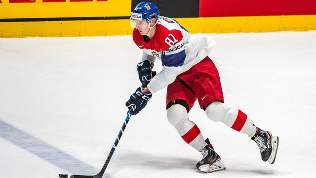 BRATISLAVA, SLOVAKIA - MAY 19: #81 Dominik Kubalik of Czech Republic in action during the 2019 IIHF Ice Hockey World Championship Slovakia group game between Austria and Czech Republic at Ondrej Nepela Arena on May 19, 2019 in Bratislava, Slovakia.