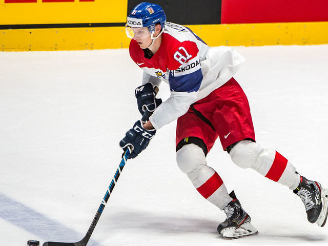 BRATISLAVA, SLOVAKIA - MAY 19: #81 Dominik Kubalik of Czech Republic in action during the 2019 IIHF Ice Hockey World Championship Slovakia group game between Austria and Czech Republic at Ondrej Nepela Arena on May 19, 2019 in Bratislava, Slovakia.
