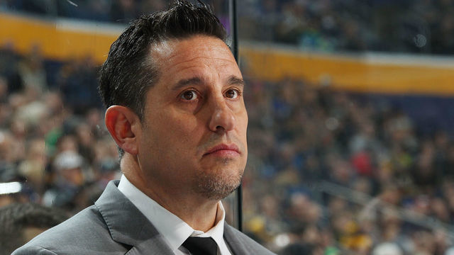 BUFFALO, NY - FEBRUARY 07: Assistant coach Bob Boughner of the San Jose Sharks watches the action against the Buffalo Sabres during an NHL game at the KeyBank Center on February 7, 2017 in Buffalo, New York.