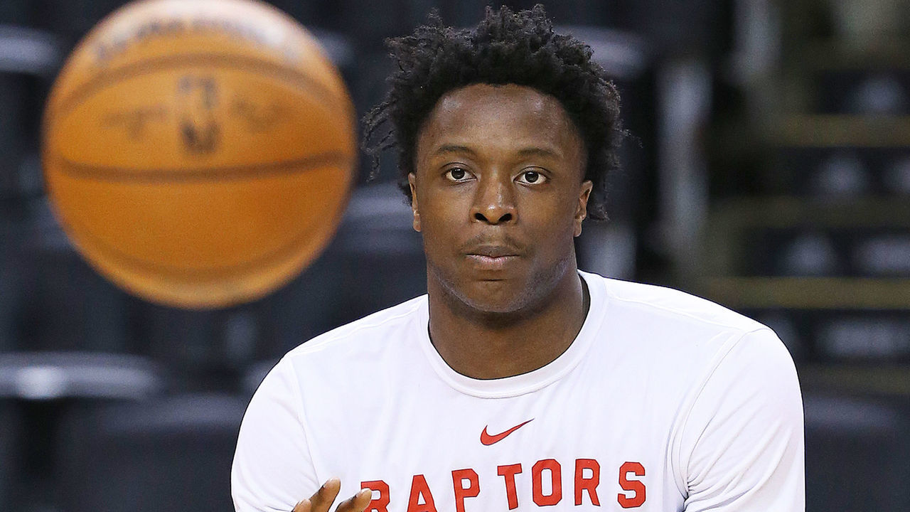 TORONTO, ON - MARCH 26: OG Anunoby #3 of the Toronto Raptors warms up prior to action against the Chicago Bulls in an NBA game at Scotiabank Arena on March 26, 2019 in Toronto, Ontario, Canada. NOTE TO USER: user expressly acknowledges and agrees by downloading and/or using this photograph, user is consenting to the terms and conditions of the Getty Images Licence Agreement.
