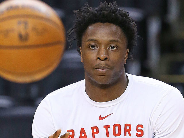 TORONTO, ON - MARCH 26: OG Anunoby #3 of the Toronto Raptors warms up prior to action against the Chicago Bulls in an NBA game at Scotiabank Arena on March 26, 2019 in Toronto, Ontario, Canada. NOTE TO USER: user expressly acknowledges and agrees by downloading and/or using this photograph, user is consenting to the terms and conditions of the Getty Images Licence Agreement.