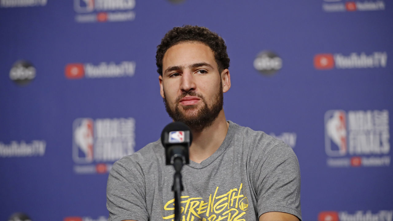 TORONTO, CANADA - MAY 29: Klay Thompson #11 of the Golden State Warriors answers questions during NBA Finals - Practice and Media Availability on May 29, 2019 at Scotiabank Arena in Toronto, Ontario, Canada. NOTE TO USER: User expressly acknowledges and agrees that, by downloading and/or using this photograph, user is consenting to the terms and conditions of the Getty Images License Agreement. Mandatory Copyright Notice: Copyright 2019 NBAE