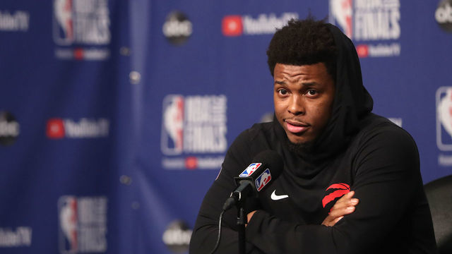 TORONTO, ON- MAY 29 - Toronto Raptors guard Kyle Lowry (7) takes questions as the Toronto Raptors and Golden State Warriors host open practice and media day on the eve of the NBA Finals in Toronto. May 29, 2019. (Steve Russell/Toronto Star via Getty Images)