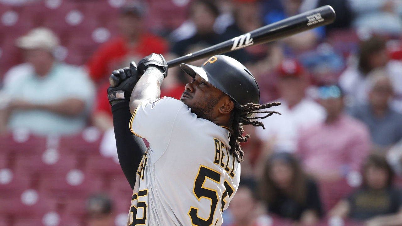 CINCINNATI, OH - MAY 29: Josh Bell #55 of the Pittsburgh Pirates hits a three-run home run in the seventh inning against the Cincinnati Reds at Great American Ball Park on May 29, 2019 in Cincinnati, Ohio. The Pirates won 7-2.