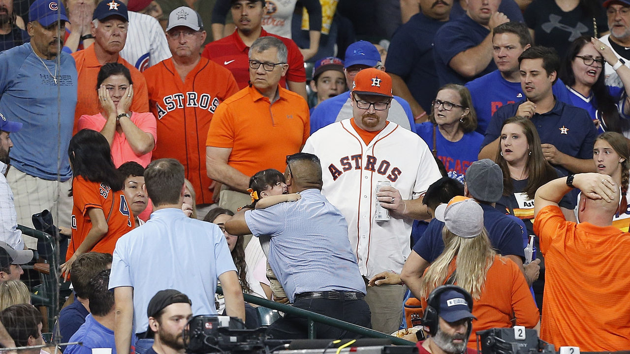 Foul ball off bat of Cubs player Albert Almora Jr. strikes child; play  briefly halted