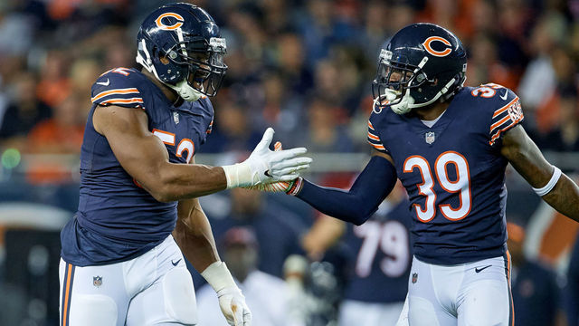 CHICAGO, IL - SEPTEMBER 17: Chicago Bears linebacker Khalil Mack (52) celebrates with Chicago Bears defensive back Eddie Jackson (39) after a play in game action during an NFL game between the Chicago Bears and the Seattle Seahawks on September 17, 2018 at Soldier Field in Chicago, Illinois.