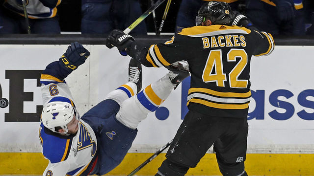 BOSTON, MA - MAY 29: Bruins David Backes lays out the Blues Sammy Blais with a second period hit. The Boston Bruins host the St. Louis Blues in Game 2 of the 2019 Stanley Cup Finals at TD Garden on May 29, 2019.