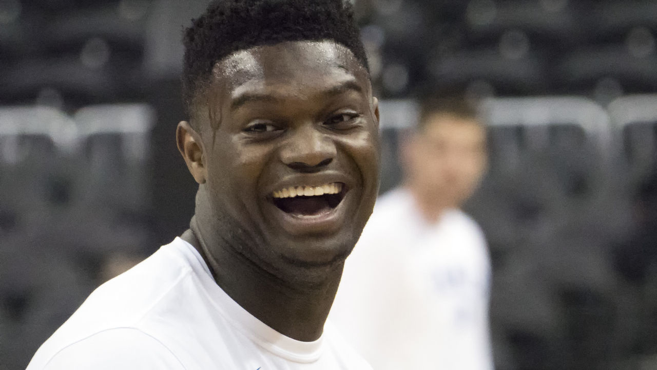 WASHINGTON, DC - MARCH 31: Duke Blue Devils forward Zion Williamson (1) warming up before a Div 1 Men's championship - elite eight game between Duke and Michigan State, on March 31, 2019, at Capital One Arena, in Washington D.C.