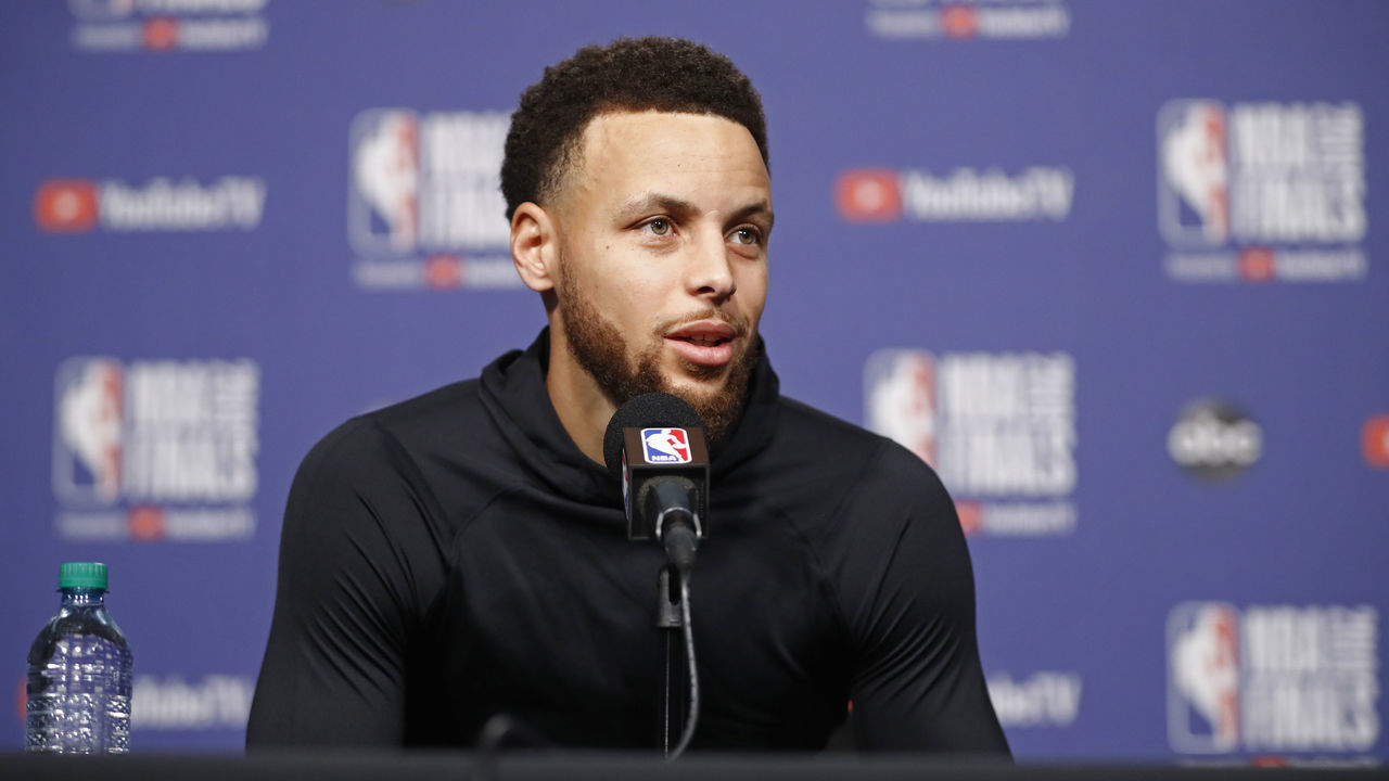 TORONTO, CANADA - MAY 29: Stephen Curry #30 of the Golden State Warriors answers questions during NBA Finals - Practice and Media Availability on May 29, 2019 at Scotiabank Arena in Toronto, Ontario, Canada. NOTE TO USER: User expressly acknowledges and agrees that, by downloading and/or using this photograph, user is consenting to the terms and conditions of the Getty Images License Agreement. Mandatory Copyright Notice: Copyright 2019 NBAE