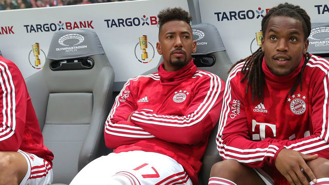 BERLIN, GERMANY - MAY 25: Jerome Boateng (2nd R) of Bayern Muenchen take place on the team beanch for the DFB Cup final between RB Leipzig and Bayern Muenchen at Olympiastadion on May 25, 2019 in Berlin, Germany.