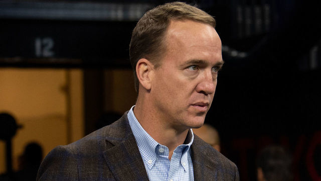 INDIANAPOLIS, IN - NOVEMBER 18: Former Indianapolis Colts quarterback Peyton Manning on the field before the NFL game between the Indianapolis Colts and Tennessee Titans on November 18, 2018, at Lucas Oil Stadium in Indianapolis, IN.