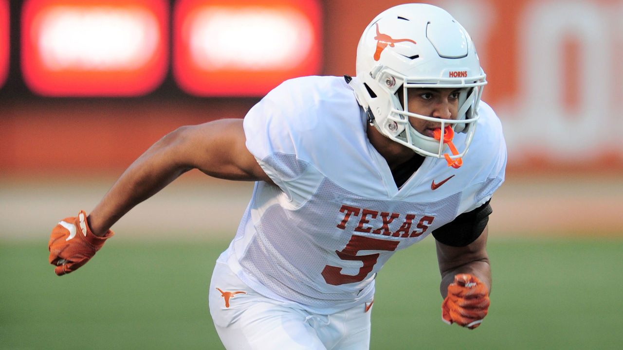 AUSTIN, TX - APRIL 13: Freshman WR Bru McCoy runs a pass route during the Longhorns spring game on April 13, 2019, at Darrell K Royal-Texas Memorial Stadium in Austin, Texas.